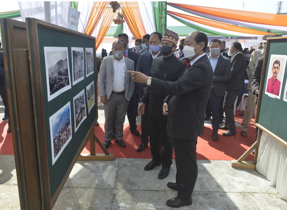 Nagaland Governor RN Ravi and Chief Minister Neiphiu Rio visiting a stall at an exhibition held on the occasion of India’s 72nd Republic Day celebration in Kohima on January 26. (DIPR Photo)
